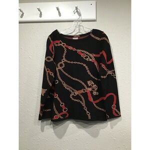 Chicos Black Jacquard Equestrian Bridle Chain Sweater Metallic Red Gold Sz L / 2